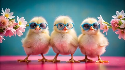 Three adorable fluffy baby chicks wearing stylish blue sunglasses standing in a row against a vibrant colorful background creating a fun