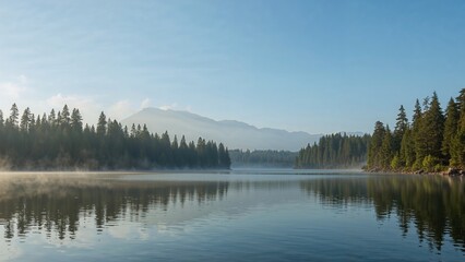 Dense mist blankets remote trees by a serene mountain lake at dawn in a tranquil nature scene ideal for relaxation and wellness escapes.