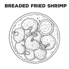 Breaded fried shrimp sketch. Hand drawn vector illustration. Gastropub, gastrobar, pub food. Detailed design element. Top view.