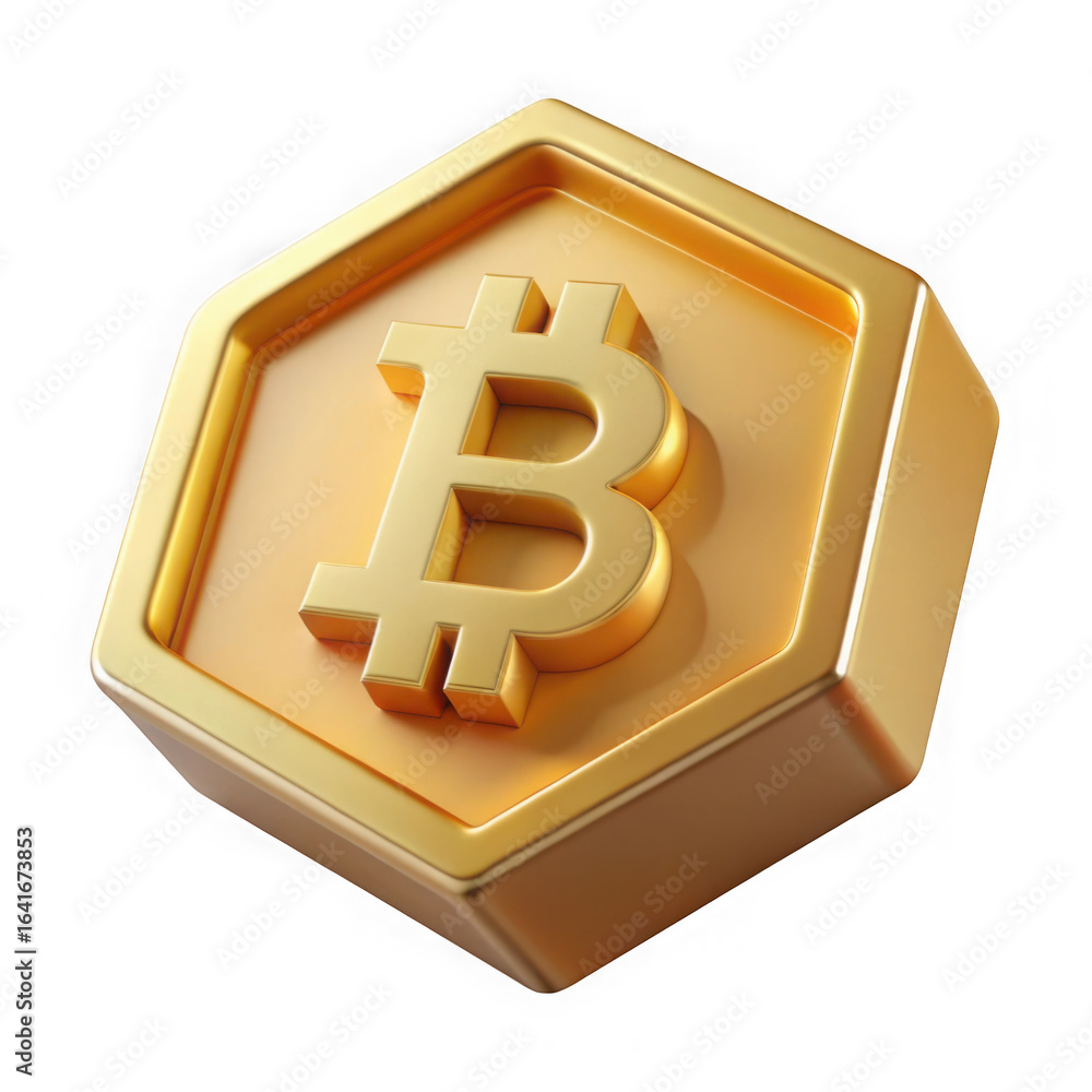 Aufkleber 3d illustration of a golden bitcoin coin with a hexagonal frame representing the future of digital c