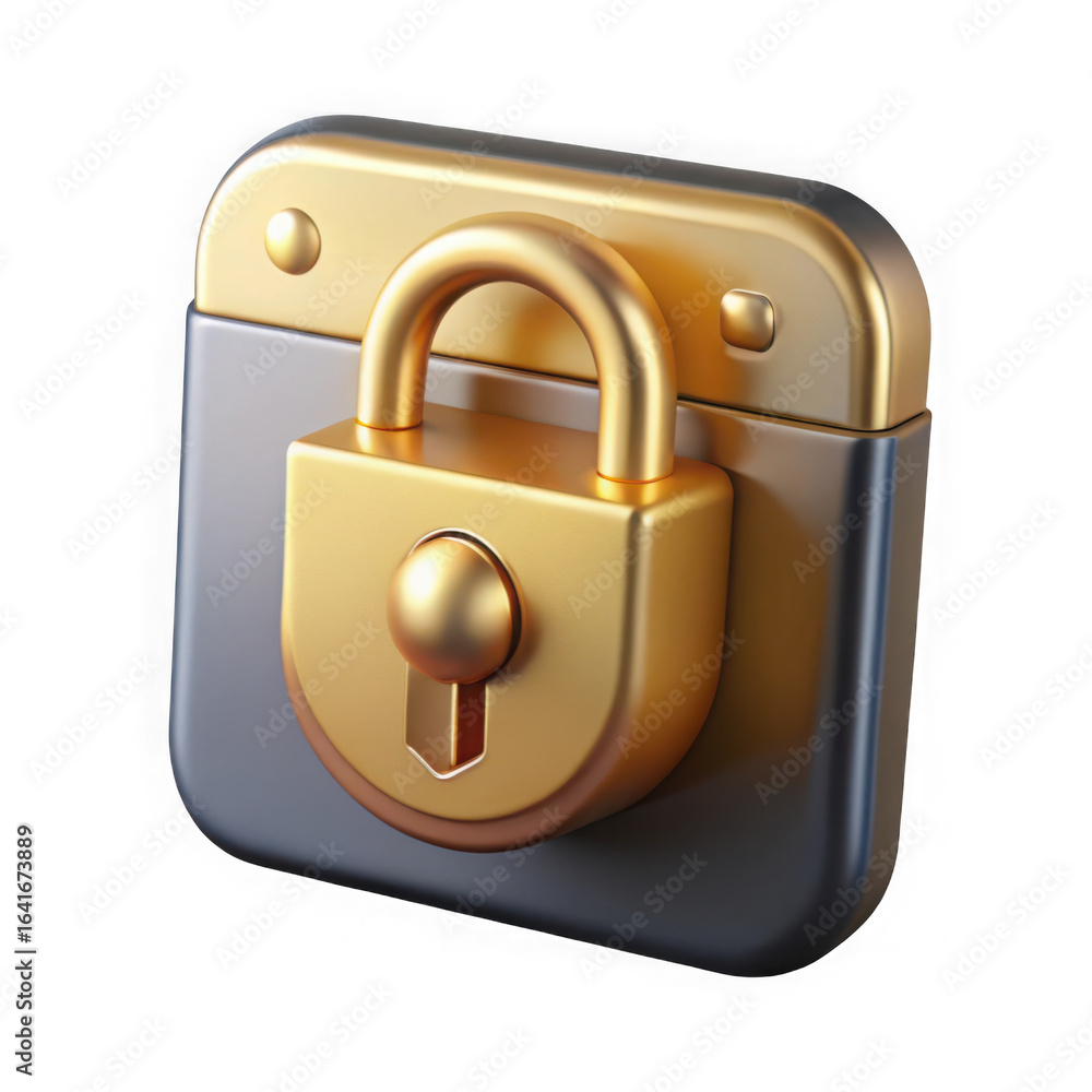 Poster 3d illustration of a golden padlock is displayed on a dark surface, symbolizing digital security and