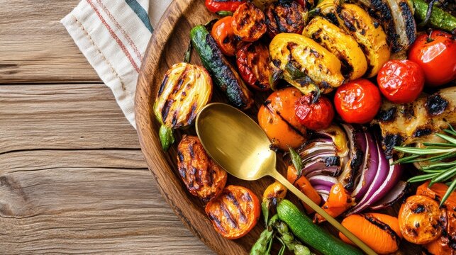 A vibrant platter of grilled vegetables, featuring colorful tomatoes, zucchini, peppers, and onions, garnished with herbs and served on a wooden board.