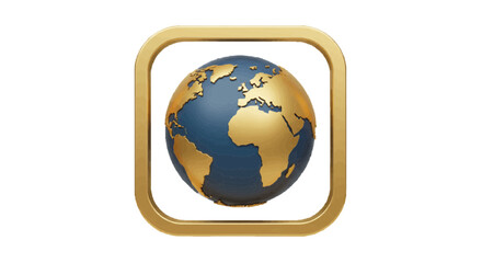 3D vector icon of a globe inside a golden frame, plain white background