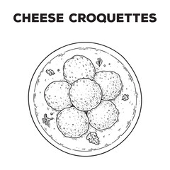 Cheese croquettes sketch. Hand drawn vector illustration. Gastropub, gastrobar, pub food. Detailed design element. Top view.