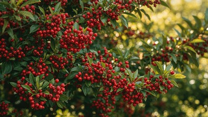 Obraz premium Bright red fruits on a thorny shrub