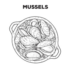 Mussels plate sketch. Hand drawn vector illustration. Gastropub, gastrobar, pub food. Detailed design element. Top view.