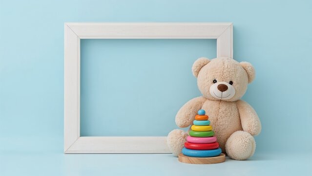 Toys for kids presented against a light blue background, including a teddy bear and a bright wooden stacking pyramid in a white frame with an empty text placeholder. - Powered by Adobe