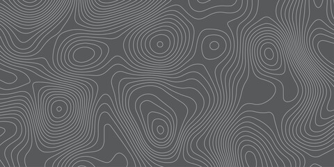 Abstract topographic contour line pattern on dark gray background. Modern minimalistic map texture design, seamless elevation curve background for geographic, digital, and graphic design use.