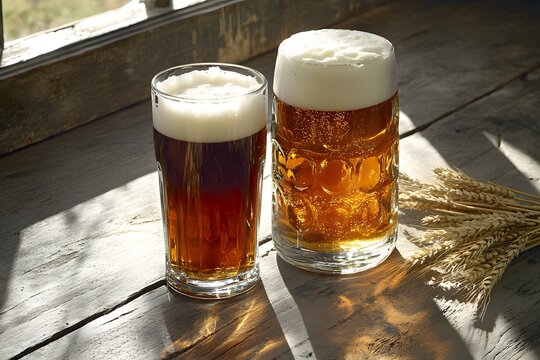Two glasses of amber beer in sunlight-Pair of amber beers with foamy heads in different glass styles, placed on a rustic wooden surface with sunlight.