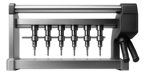 Multi-spindle drilling machine with adjustable spindle distance for repetitive hole patterns in furniture production.