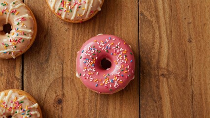Appetizing pink icing donuts placed on wooden board