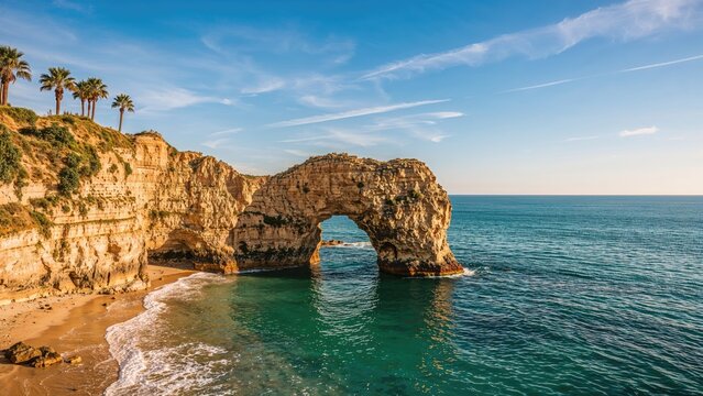 Stone archway over the sea at a coastal beach with natural caves during summer.
