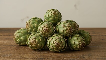 Obraz premium Natural artichoke flower buds arranged on a wooden tabletop