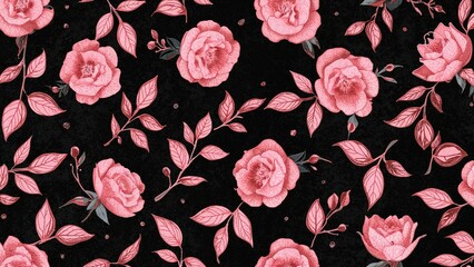 Floral and leaf motifs in pink 2D style against a black canvas