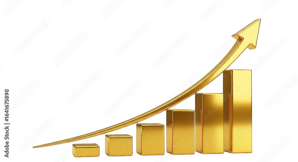 Poster 3d icon of golden bar chart with upward arrow showing financial growth isolated on transparent backg