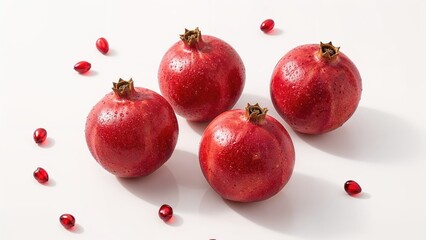 Four pieces of pomegranate arils with scattered seeds on a white surface. Fresh and delicious fruit for consumption. Nutrient-rich for maintaining good health.