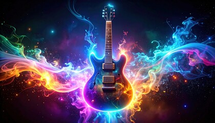 Abstract neon light guitar Artwork design, digital art, wallpaper, stunning, complex, glowing, cosmic background
