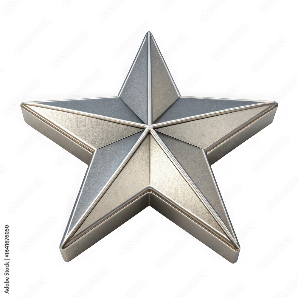 Poster 3d illustration of a shiny silver metallic star is isolated on a transparent background in this thre