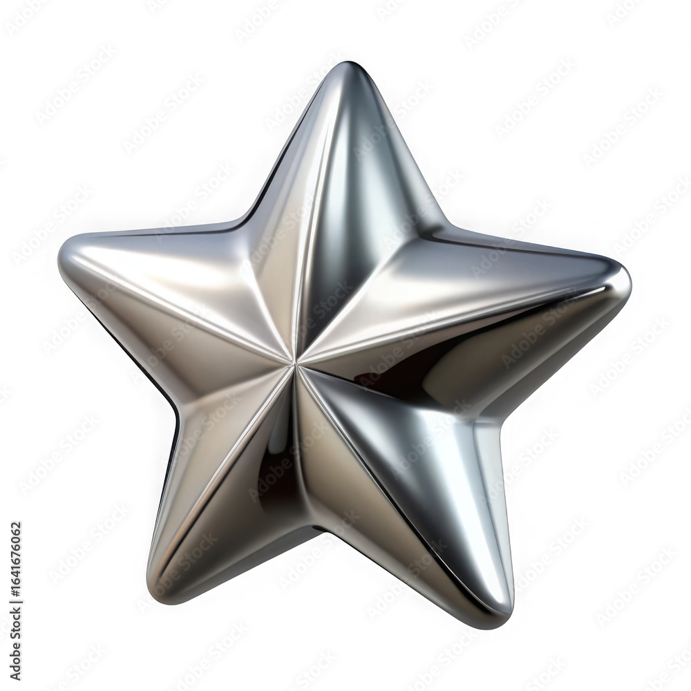Poster 3d illustration of a shiny silver star with smooth metallic reflections represents success achieveme