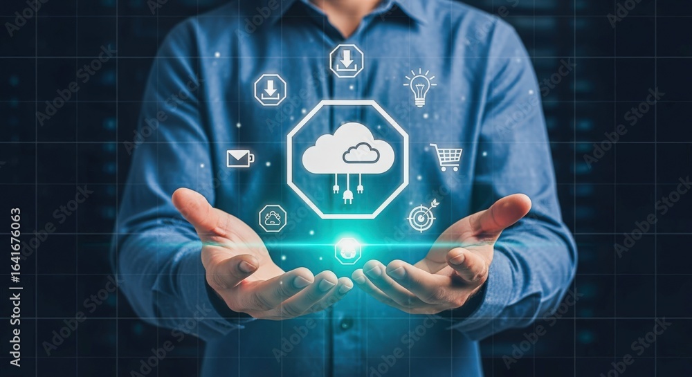 Aufkleber cloud computing concept: businessman presenting cloud technology and network connectivity solutions 