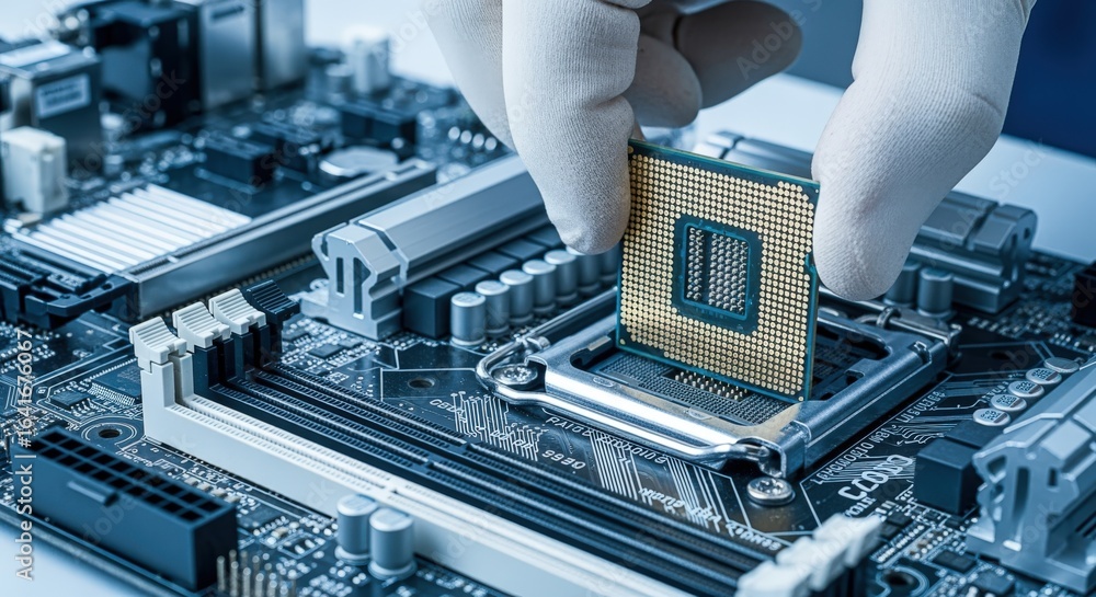 Poster technician installing cpu microprocessor on motherboard with gloves, high-tech computer component up