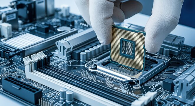 Technician Installing CPU Microprocessor on Motherboard with Gloves, High-Tech Computer Component Upgrade and Repair - Powered by Adobe