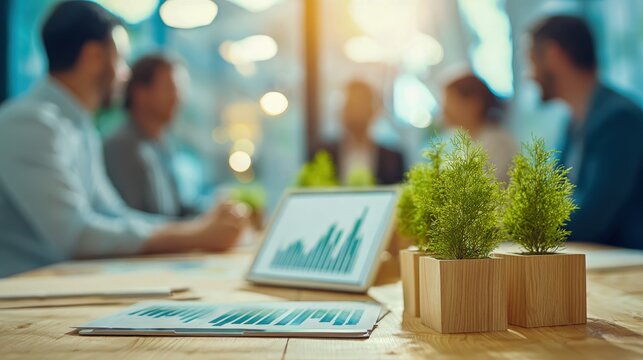 Sustainable Business Meeting: Green Plants, Digital Charts, and Team Collaboration for Eco-Friendly Solutions