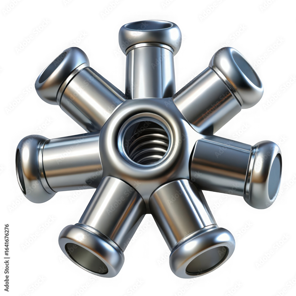 Poster 3d illustration of a shiny metal connector with multiple outlets and a central threaded opening offe