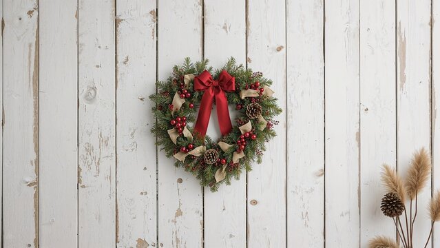 Red heart decoration arranged on white wooden planks
