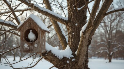 Snow-covered tree featuring a wooden bird shelter with a lone dove nestled inside.