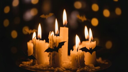 Burning candles with bats on a dark background, creating a mysterious and mystical atmosphere of Halloween. - Powered by Adobe