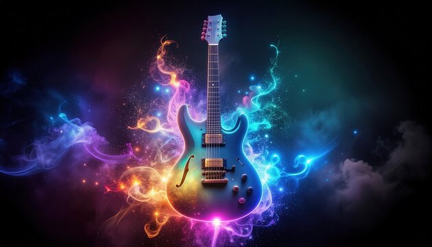 Abstract neon light guitar Artwork design, digital art, wallpaper, stunning, complex, glowing, cosmic background