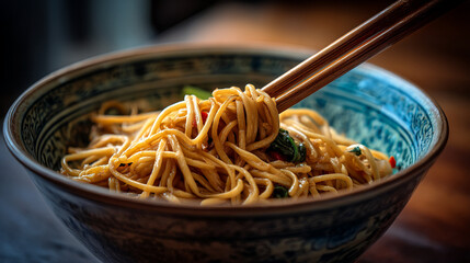 Close up of a bowl of noodles with chopsticks holding some of the noodles in a well lit environment