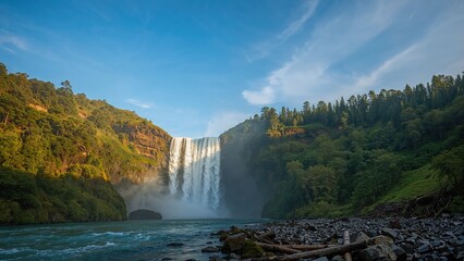 Fototapeta premium Magnificent outlook on a vibrant, energetic waterfall illuminated by the bright sun. An extraordinary and scenic display. The planet's beauty.