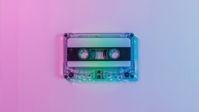 Neon-colored vintage cassette tape. Retro music theme with blank area. - Powered by Adobe