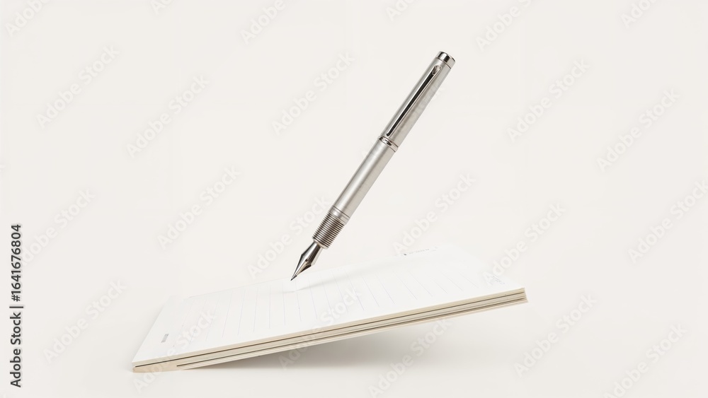 Poster writing pen levitating above a notebook with a softly lit background