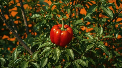 Sweet orange pepper among green foliage