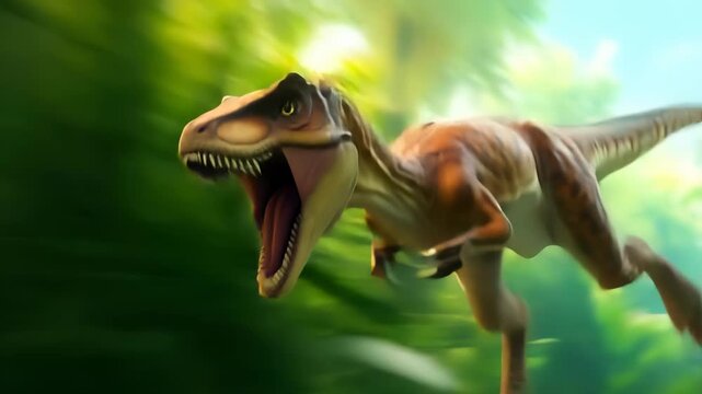Tyrannosaurus rex dinosaur running through lush green prehistoric landscape with motion blur, sharp teeth exposed, dynamic hunting pose.