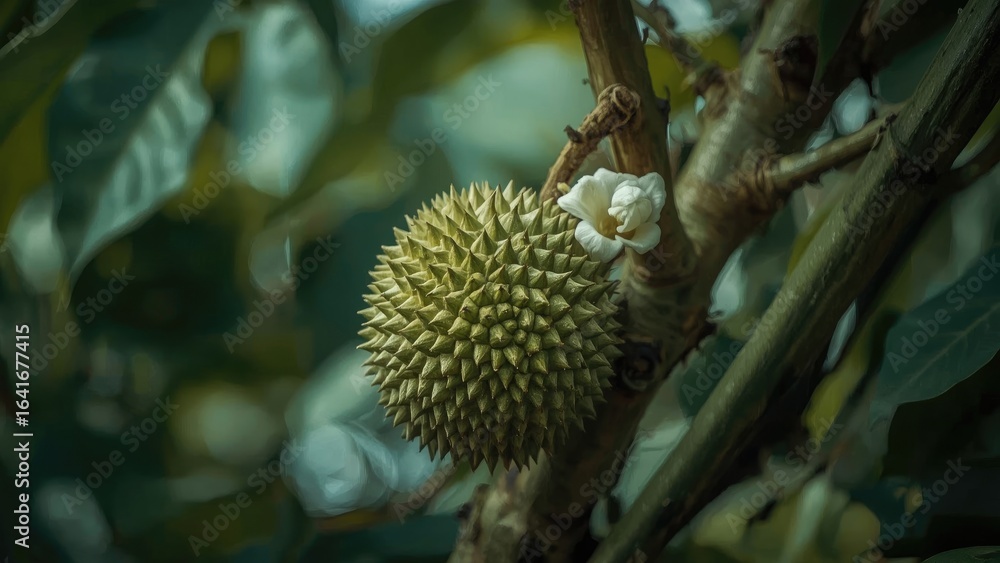 Poster close-up image of a developing durian and bloom on a tree with blurred surroundings