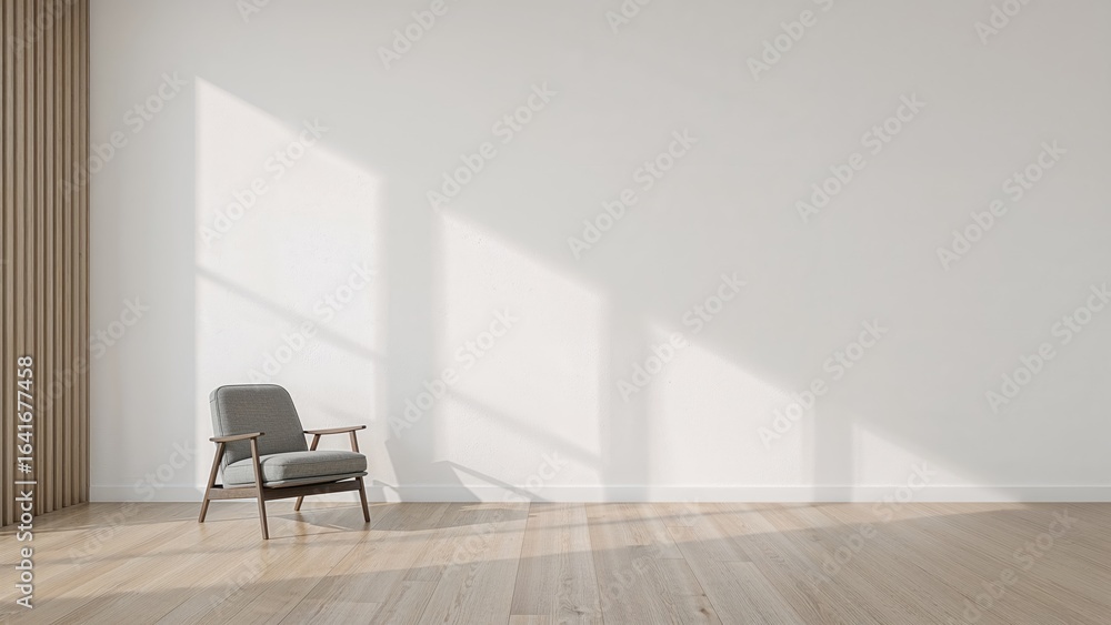 Poster modern simplistic interior design with a gray armchair positioned in front of an empty white surface