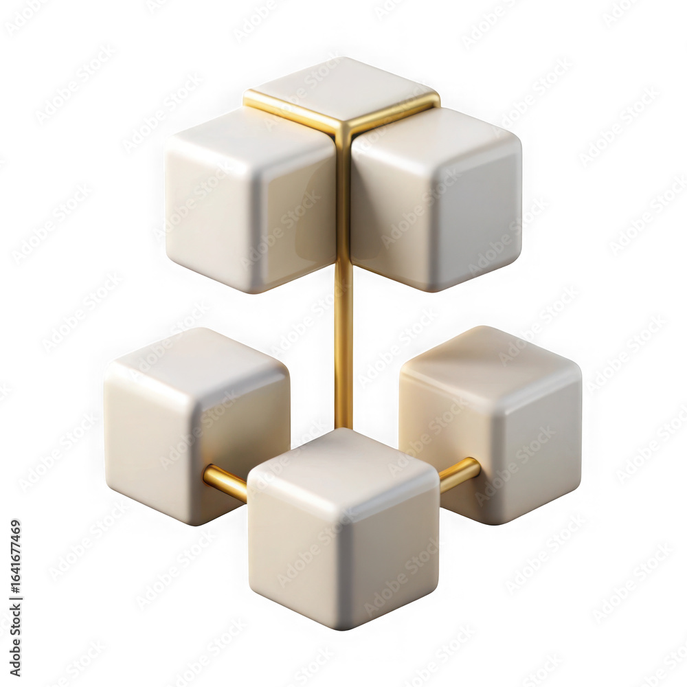 Poster 3d illustration of an interconnected network of white cubes linked by golden rods creates a modern a