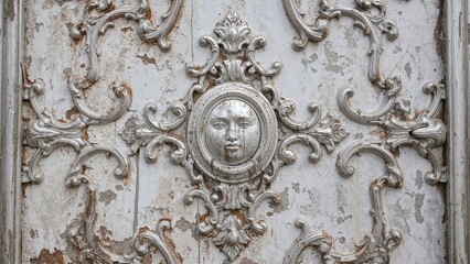 Intricate silver metal door window adorned with a central facial figure