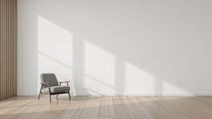Modern simplistic interior design with a gray armchair positioned in front of an empty white surface. 3D art