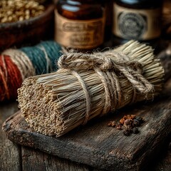 Traditional eco bamboo bundle tied with strong twine high resolution picture