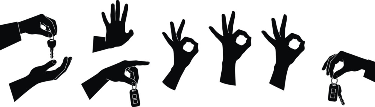 Hand gestures silhouettes holding keys, open palm, OK signs, keyring clipart, black and white vector icons, car key gestures