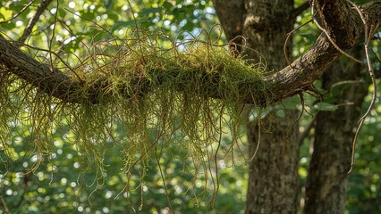 Fototapeta premium Clumps of moss suspended from a leafless twiggy limb