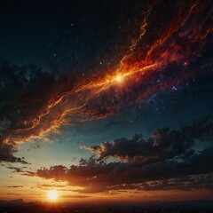 Fototapeta premium Stunning cosmic sunrise with vibrant colors illuminating the sky over distant mountains