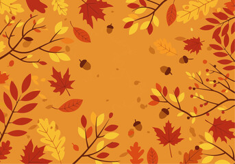 Obraz premium Autumnal illustration featuring falling leaves, branches, and acorns on a warm orange background, creating a seasonal pattern.