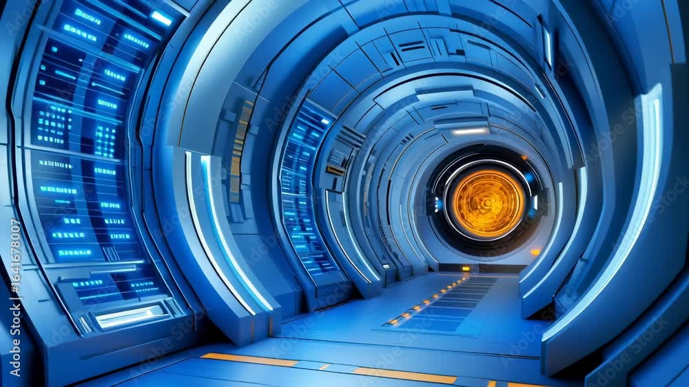 Poster sci-fi spaceship corridor with circular blue tunnel, glowing orange central portal, technological pa