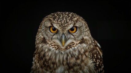Obraz premium Isolated black background portrait of a fierce-looking Burrowing owl (Athene cunicularia) gazing directly.
